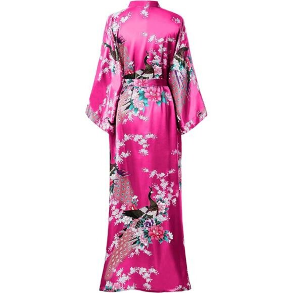 Women's Satin Kimono Robe – Long Nightgown with Peacock and Blossom Print - Picture 2 of 7